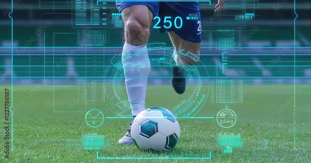 custom made wallpaper toronto digitalDynamic soccer player kicking a ball on a grass field with technology overlay displaying performance data