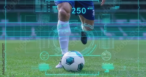 Dynamic soccer player kicking a ball on a grass field with technology overlay displaying performance data