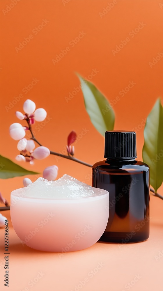 Elegant composition of skincare essentials and floral elements for a spa or wellness theme. Elegant composition of skincare essentials and floral elements for a spa or wellness theme.