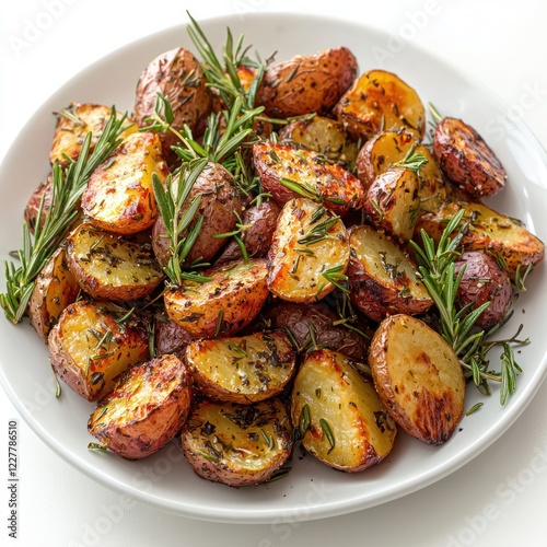 Golden, crispy roasted potatoes arranged on a pristine white plate, garnished with fresh rosemary photo