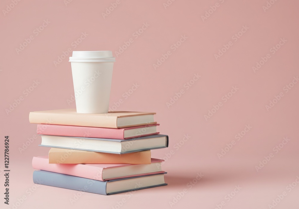 Fototapeta premium White disposable coffee cup with pastel books in minimalist still life soft lighting and warm brown background