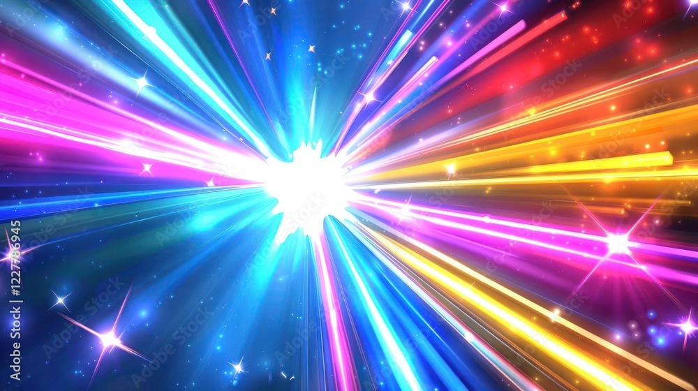 Fototapeta premium Vibrant explosion of colorful light rays radiating from a bright center, creating a dynamic visual effect