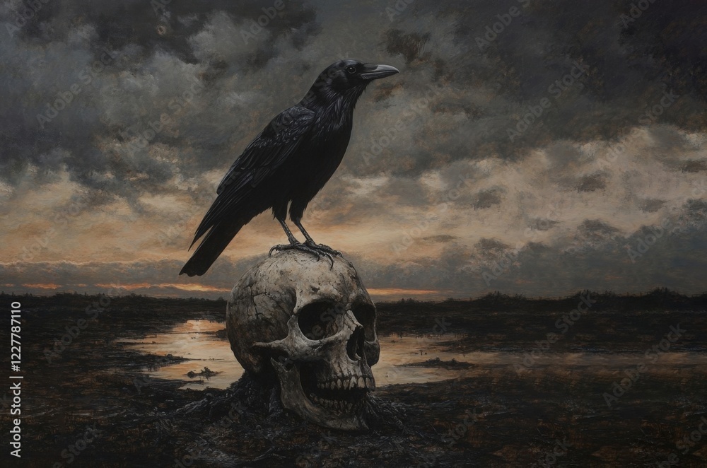 Fototapeta premium Dark Gothic Scene with Raven Perched on Skull