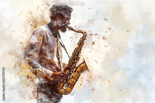 watercolor brown and white illustration of a musician playing saxophone