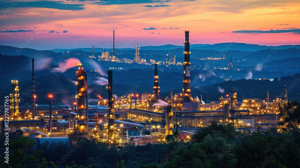 Fototapeta premium Industrial landscape at sunset with illuminated factories and smokestacks against a colorful sky