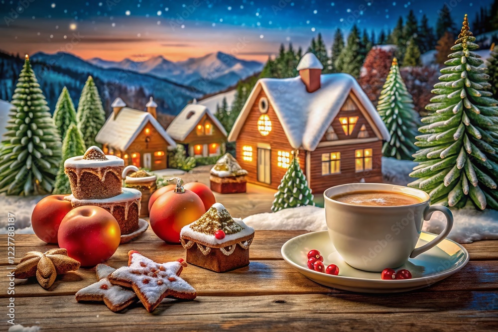 Fototapeta premium Cozy Christmas Village Food Photography: Snowy Winter Scene with Festive Treats