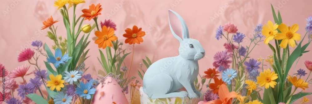 Obraz premium Colorful paper cut rabbit in Easter egg shape with bright pastel colors and spring flowers , Easter, flowers, easter eggs