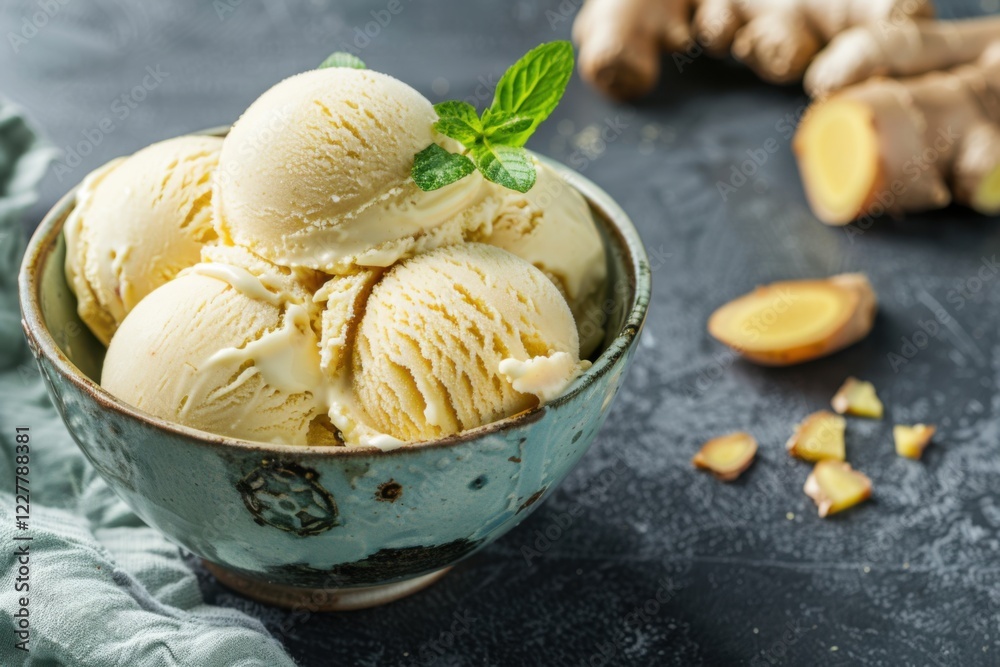 bowl of ginger ice cream with ginger pieces, copy space for text bowl of ginger ice cream with ginger pieces, copy space for text