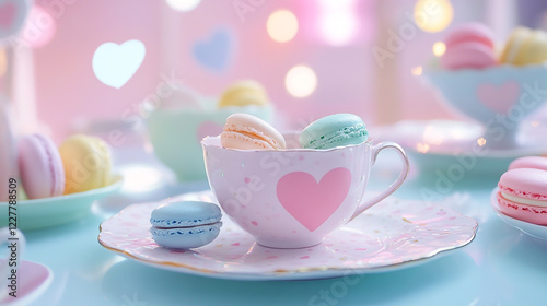 A whimsical tea party setting with heart-shaped teacups and pastel macarons.