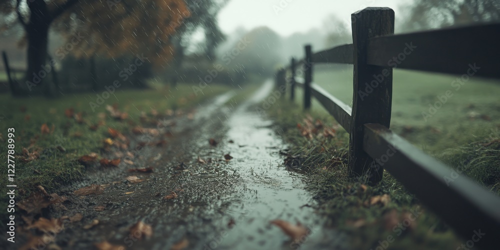 Rainy day reflections serene country path nature foggy environment low angle viewpoint tranquil concept for nature lovers