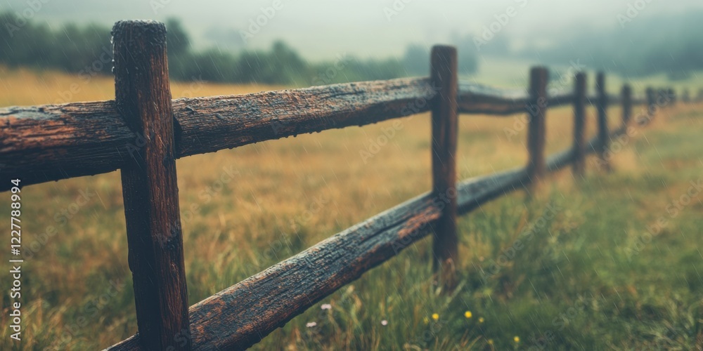 Fototapeta premium Rustic wooden fence in a misty meadow landscape nature tranquil outdoor scene soft focus viewpoint natural beauty concept