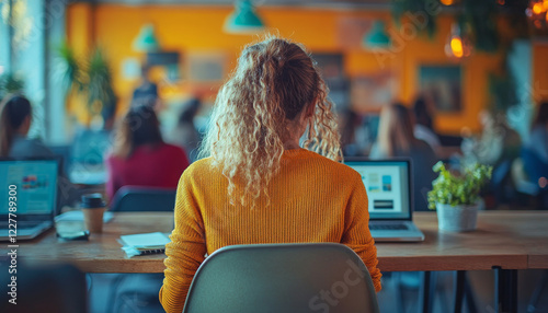 woman with curly hair sits at desk in workshop