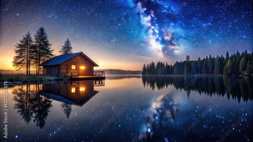 Fototapeta premium Cabin by calm lake with starry night sky reflected on water, evening scene, peaceful, evening scene