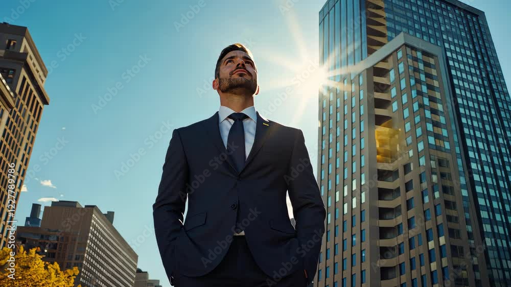Ambition Under the City Sky: A confident businessman stands tall in the heart of the city, his gaze fixed on the sun-drenched skyscrapers, a powerful image of aspiration, ambition, and success. Ambition Under the City Sky: A confident businessman stands tall in the heart of the city, his gaze fixed on the sun-drenched skyscrapers, a powerful image of aspiration, ambition, and success.