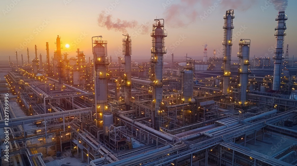 Aerial view of an industrial complex at sunset, showcasing smokestacks and pipelines (1) Aerial view of an industrial complex at sunset, showcasing smokestacks and pipelines (1)