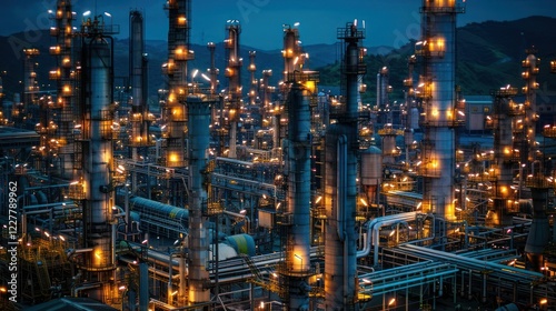 Wallpaper Mural Nighttime view of a bustling industrial complex with illuminated towers and pipes against a dark sky Torontodigital.ca