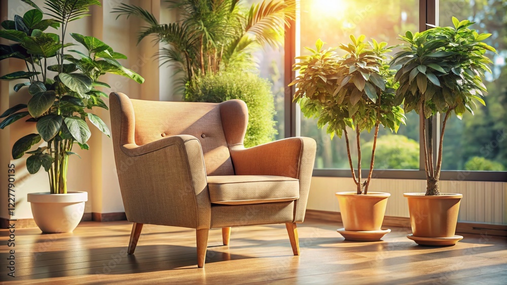 Fototapeta premium Cozy Home Interior: Side View of Armchair and Potted Plants