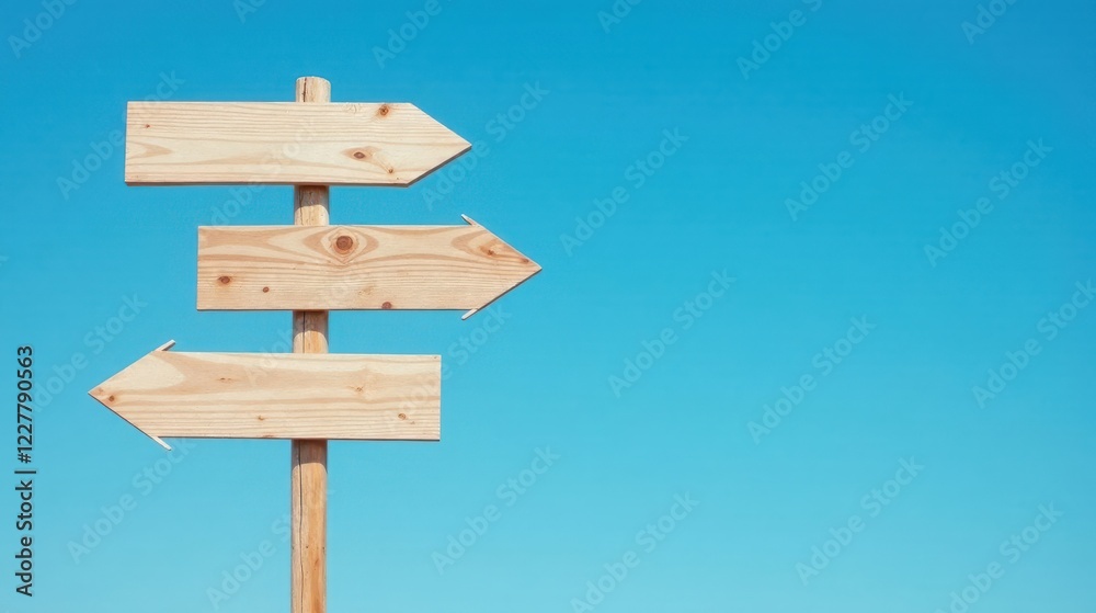 Wooden signpost with three blank directional arrows against a vibrant blue sky, offering multiple choices and opportunities for guidance and navigation. Wooden signpost with three blank directional arrows against a vibrant blue sky, offering multiple choices and opportunities for guidance and navigation.