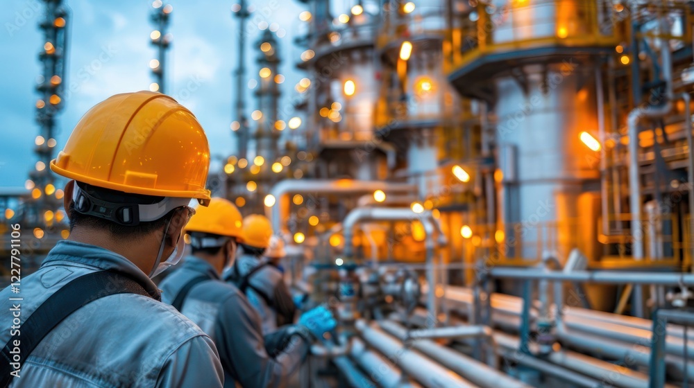 Group of industrial workers in safety gear observing operations at a chemical plant during twilight Group of industrial workers in safety gear observing operations at a chemical plant during twilight