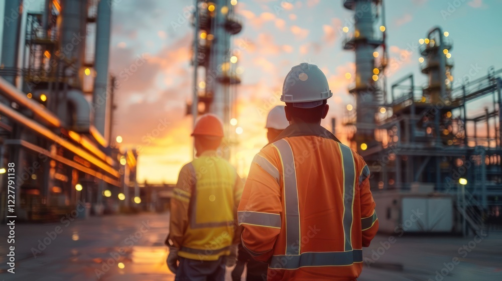 Workers observing a vibrant sunset at an industrial facility, showcasing teamwork and safety Workers observing a vibrant sunset at an industrial facility, showcasing teamwork and safety