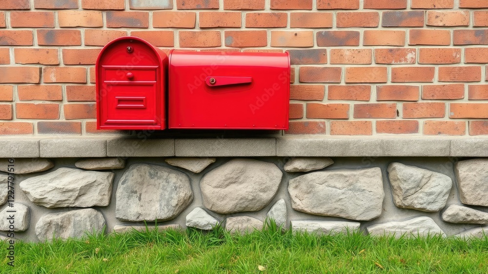 Red Mailbox with Brick or Stone Surround, red mailbox, rustic exterior, brick surrounding mailbox Red Mailbox with Brick or Stone Surround, red mailbox, rustic exterior, brick surrounding mailbox