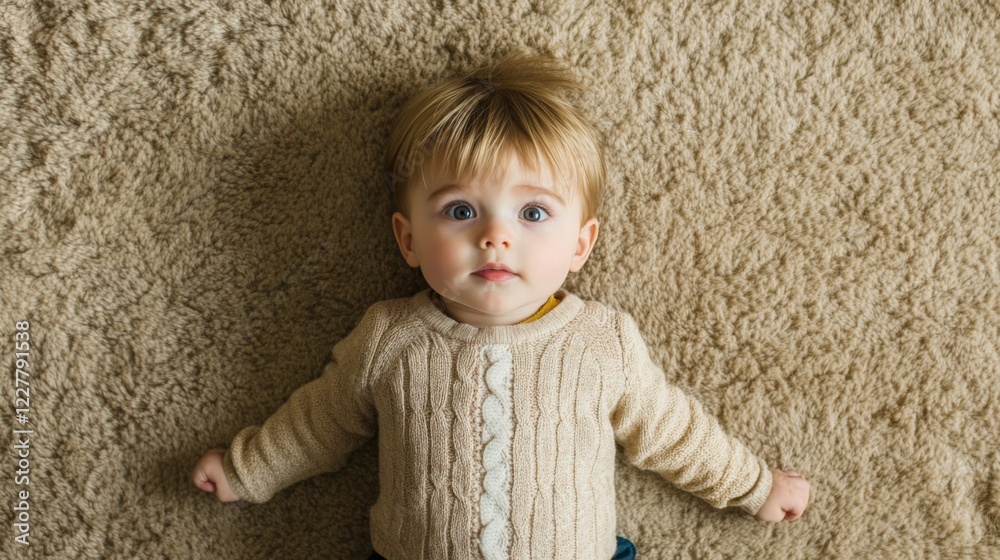 Fototapeta premium Adorable baby boy lying on fluffy carpet, looking at camera.