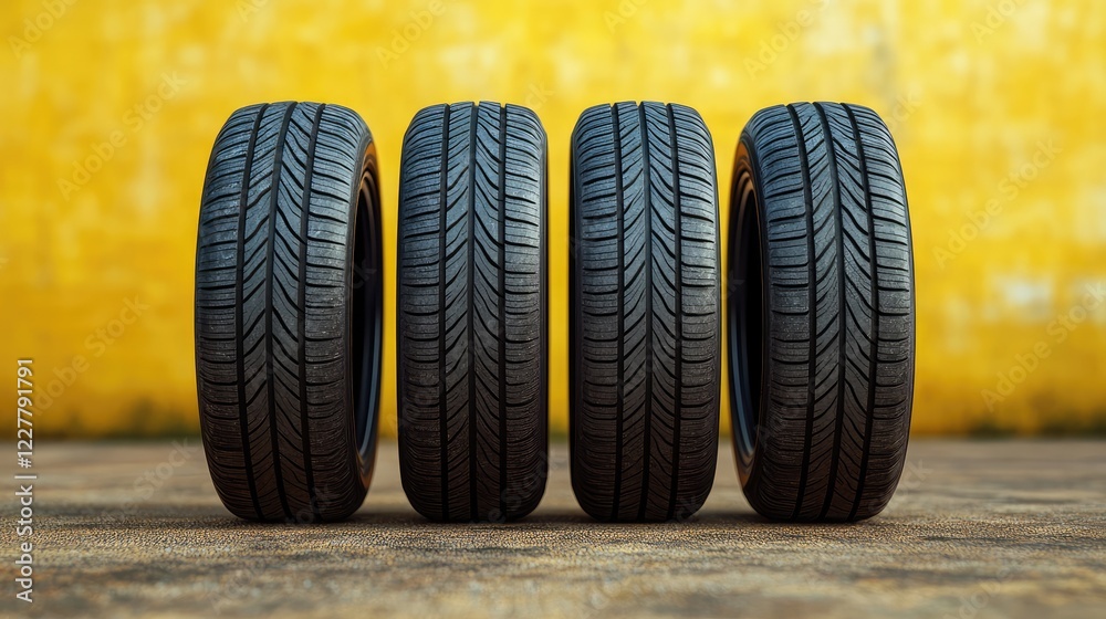 Four Worn Tires Standing Upright Against Yellow Background with Visible Tread Patterns Four Worn Tires Standing Upright Against Yellow Background with Visible Tread Patterns