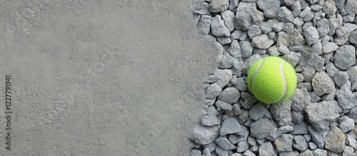 Tennis ball on grey gravel court with empty space for branding or messaging in advertising or promotional materials photo