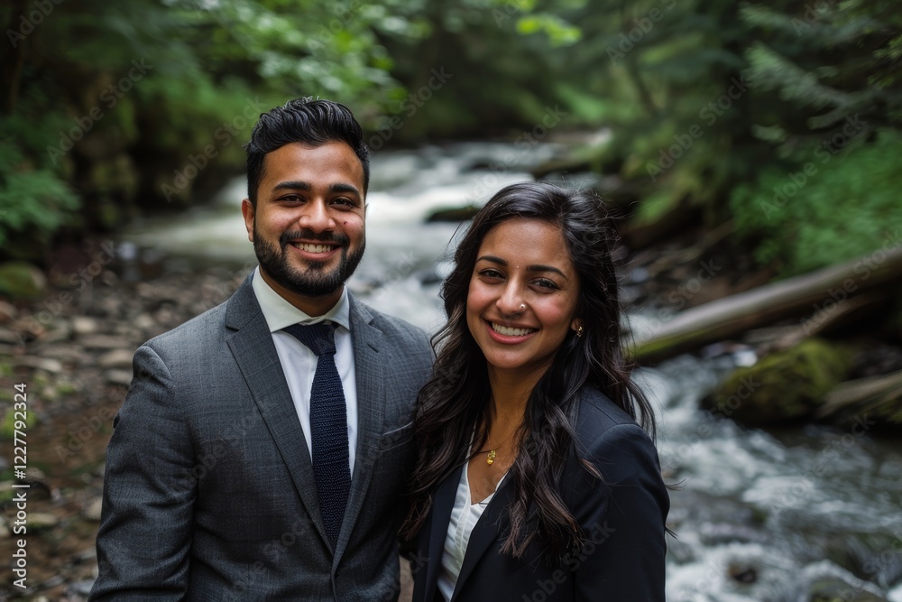Portrait of a grinning indian couple in their 20s wearing a professional suit jacket isolated in tranquil forest stream Portrait of a grinning indian couple in their 20s wearing a professional suit jacket isolated in tranquil forest stream