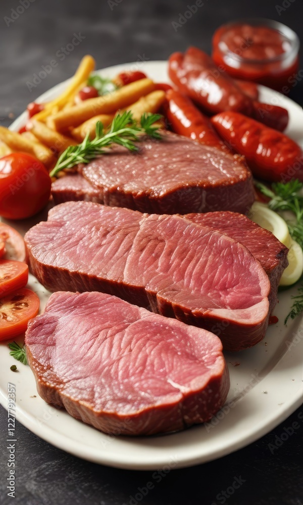 Raw Argentinian chorizos and raw steak on a plate with steak, kitchen utensils, butter plate, beef Raw Argentinian chorizos and raw steak on a plate with steak, kitchen utensils, butter plate, beef