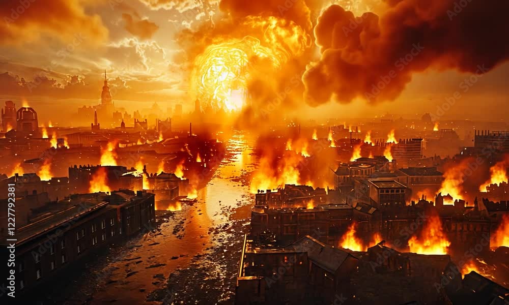 custom made wallpaper toronto digitalDramatic apocalyptic scene depicting a city engulfed in flames under a fiery sky