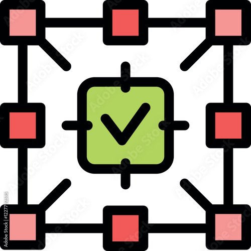 Blockchain technology securing and validating transactions, represented by interconnected blocks and a prominent check mark symbol, ensuring trust and transparency in digital processes