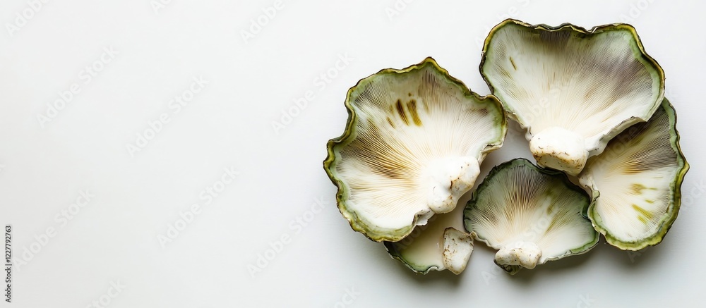 Fresh Green Lip Oyster Mushrooms on White Background with Empty Space for Text Representation and Culinary Uses Fresh Green Lip Oyster Mushrooms on White Background with Empty Space for Text Representation and Culinary Uses