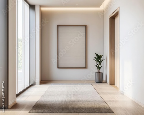 A minimalist hallway with a long runner rug  wallmounted lighting  and a single piece of art for subtle decoration