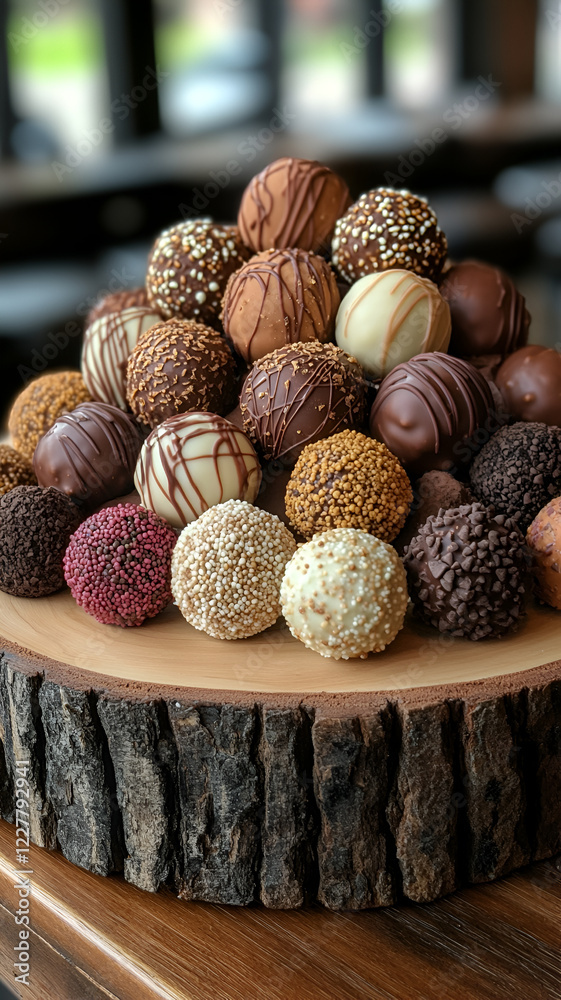 Delicious chocolate truffles arranged on wooden platter, showcasing various flavors and textures