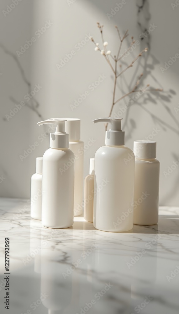 White Cosmetic Bottles on Marble Countertop White Cosmetic Bottles on Marble Countertop