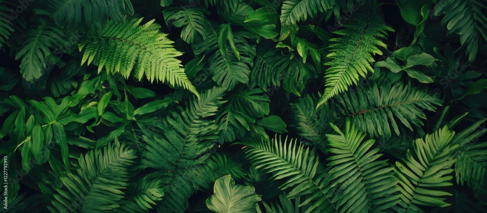 Fototapeta premium Lush Green Palm Leaves and Ferns Background with Ample Copy Space for Text or Branding Use