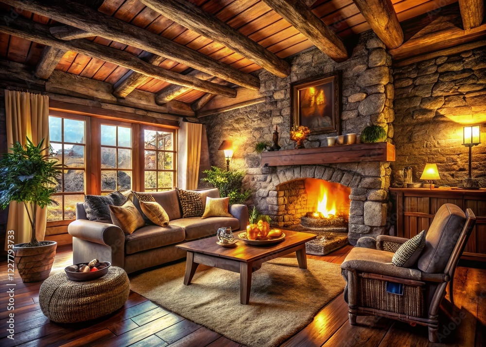 Naklejka premium Cozy Rustic Living Room with Stone Fireplace & Wooden Beams - Stock Photo