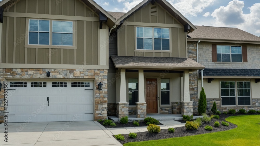 Fototapeta premium modern suburban house with a well-maintained front yard on sunny day