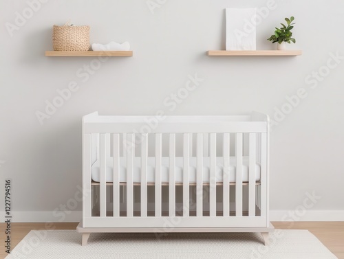 Minimalist nursery with soft pastel accents, a simple crib, and open shelving, clean and cozy design for a baby s room