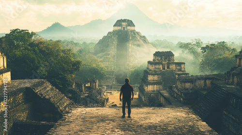 Fototapeta Naklejka Na Ścianę i Meble -  A traveler moves through an ancient city, stepping carefully over cobblestone streets and passing towering ruins