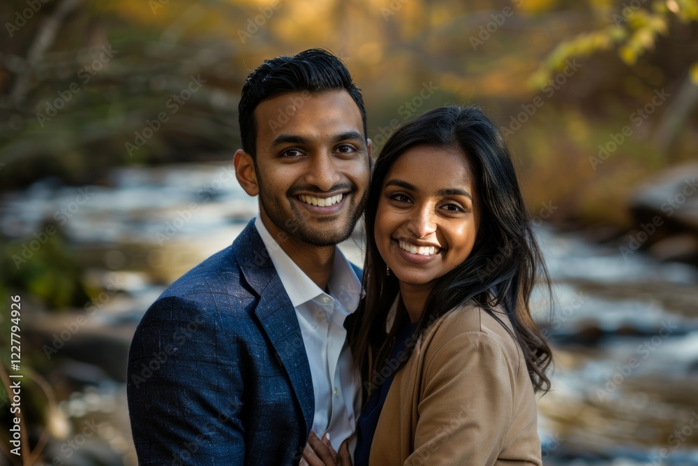 Portrait of a grinning indian couple in their 20s wearing a professional suit jacket in tranquil forest stream Portrait of a grinning indian couple in their 20s wearing a professional suit jacket in tranquil forest stream