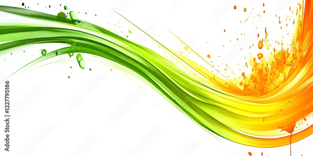 Abstract Green and Orange Swirling Waves with Paint Splatter Background Design