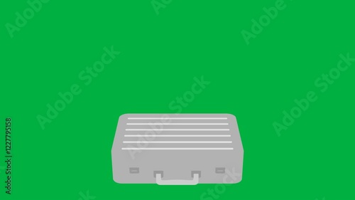 animated empty metallic suitcase open and close. animation footage video isolated on green screen background with alpha channel(transparent).