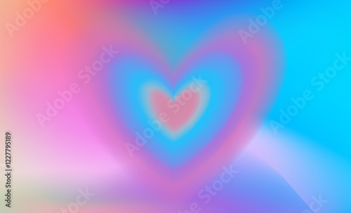 Blurry rainbow aura aesthetic background with concentric heart forms, trendy y2k style design template. Modern minimalist blurred gradient hearts.