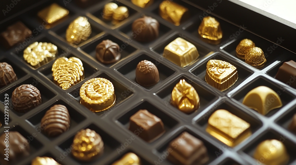 A box of luxurious chocolates, each piece shaped like a tiny masterpiece. A box of luxurious chocolates, each piece shaped like a tiny masterpiece.