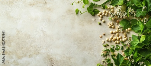 Fresh Green Pea Plant with Edible Peas and Dried Seeds on Rustic Background for Culinary or Gardening Text or Promo Use photo