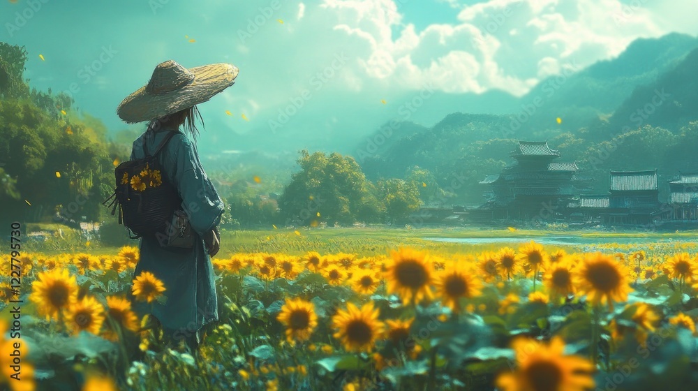 Fototapeta premium Tranquil Sunflower Field and Ancient Temple