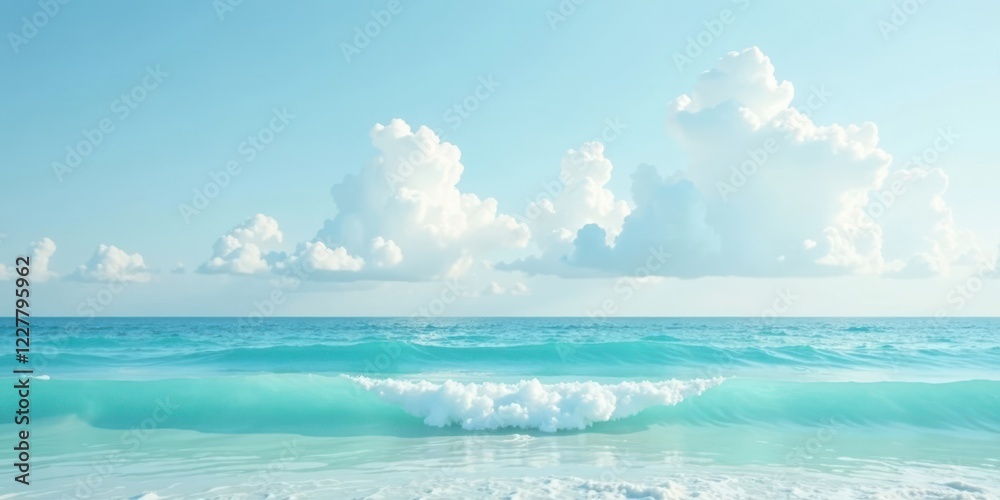 Fototapeta premium Serene Ocean Wave Breaking on a Sunny Shore with Puffy Clouds in a Calm Sky