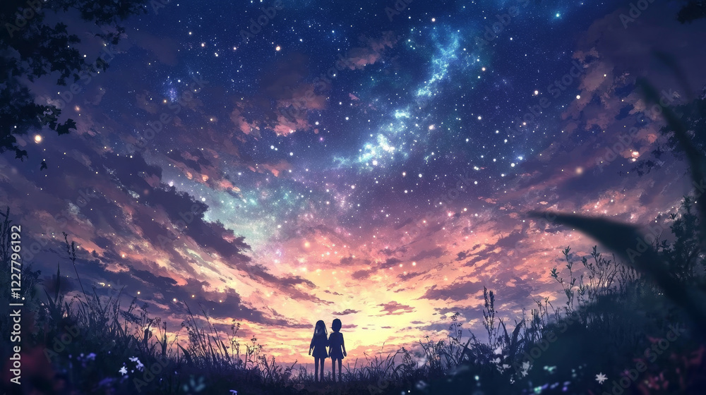 A vast, open sky filled with countless shimmering stars and a glowing aurora, holding observers in awe and silence. A vast, open sky filled with countless shimmering stars and a glowing aurora, holding observers in awe and silence.